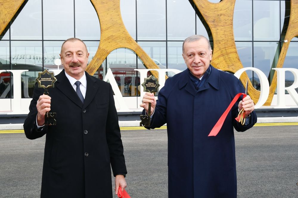 President Ilham Aliyev and President Recep Tayyip Erdogan attend the opening ceremony of Fuzuli International Airport