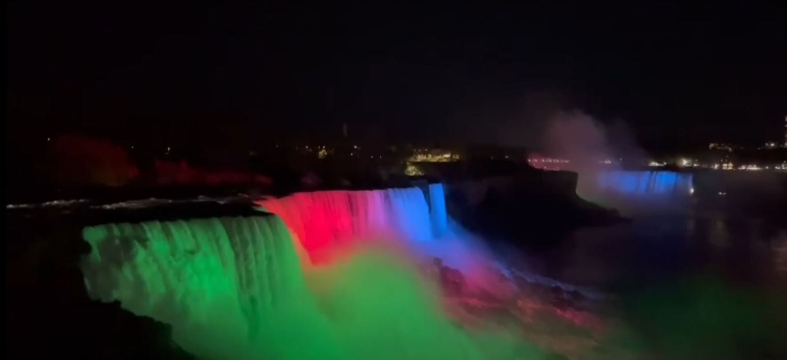 Niagara Falls illuminated in colors of Azerbaijani flag